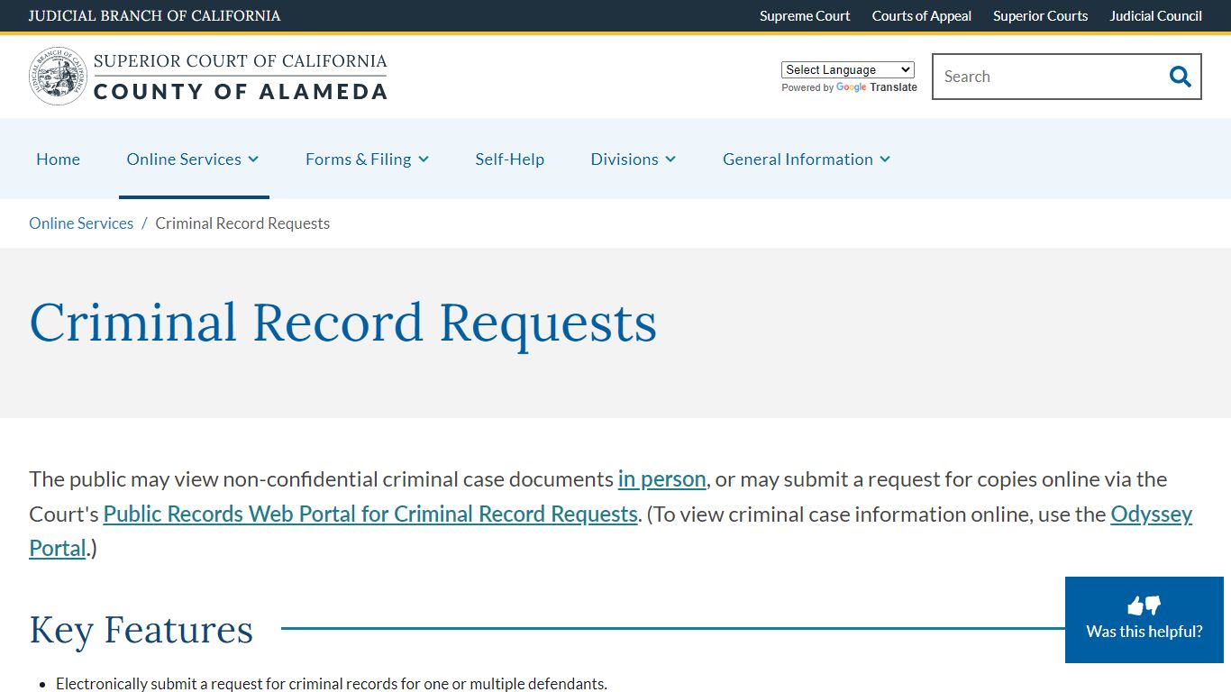 Criminal Record Requests - Alameda County Superior Court